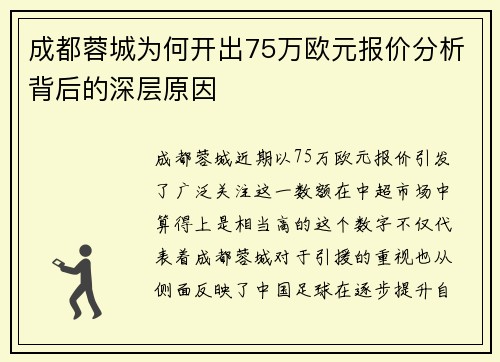 成都蓉城为何开出75万欧元报价分析背后的深层原因 成都蓉城为何开出75万欧元报价分析背后的深层原因