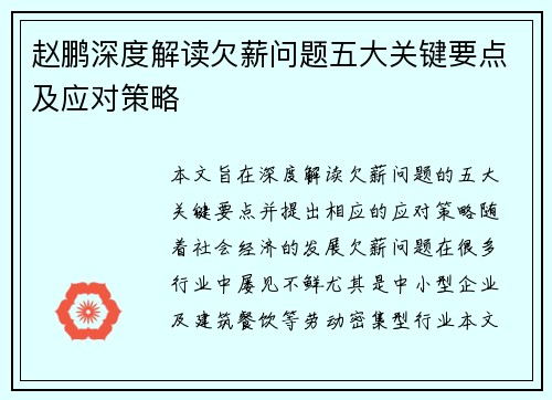 赵鹏深度解读欠薪问题五大关键要点及应对策略 赵鹏深度解读欠薪问题五大关键要点及应对策略